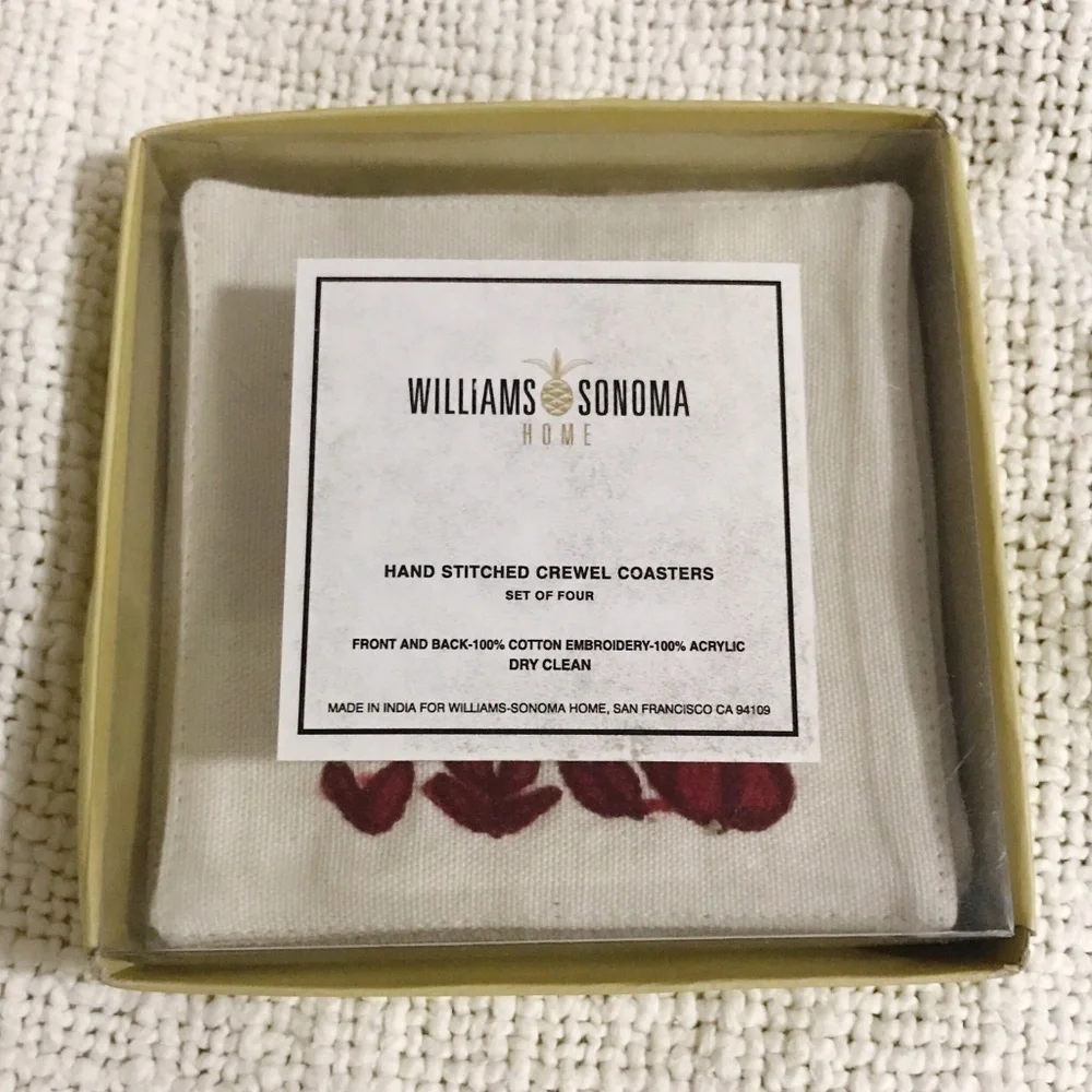 Williams Sonoma hand stitched crewel coaster set